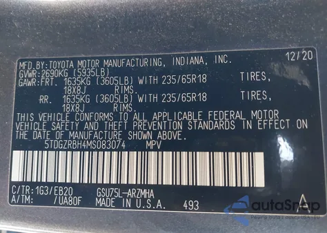 2021 Toyota Highlander Xle z USA, uszkodzony, nr VIN 5TDGZRBH4MS083074